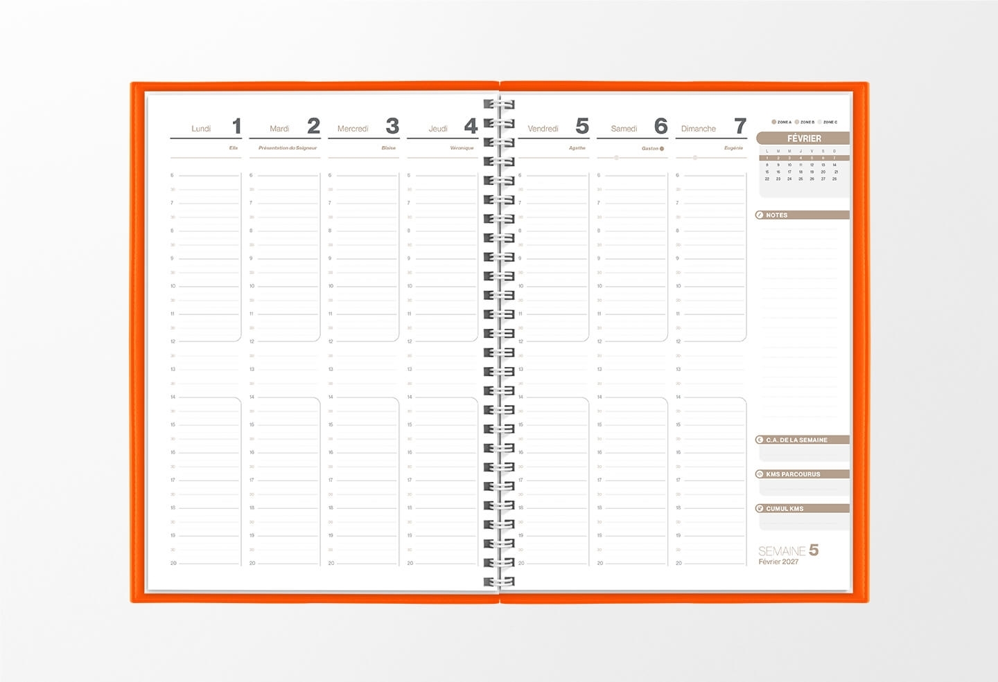 Pages intérieures agenda semainier infirmière orange 1 semaine sur 2 pages — grille horaire IDEL