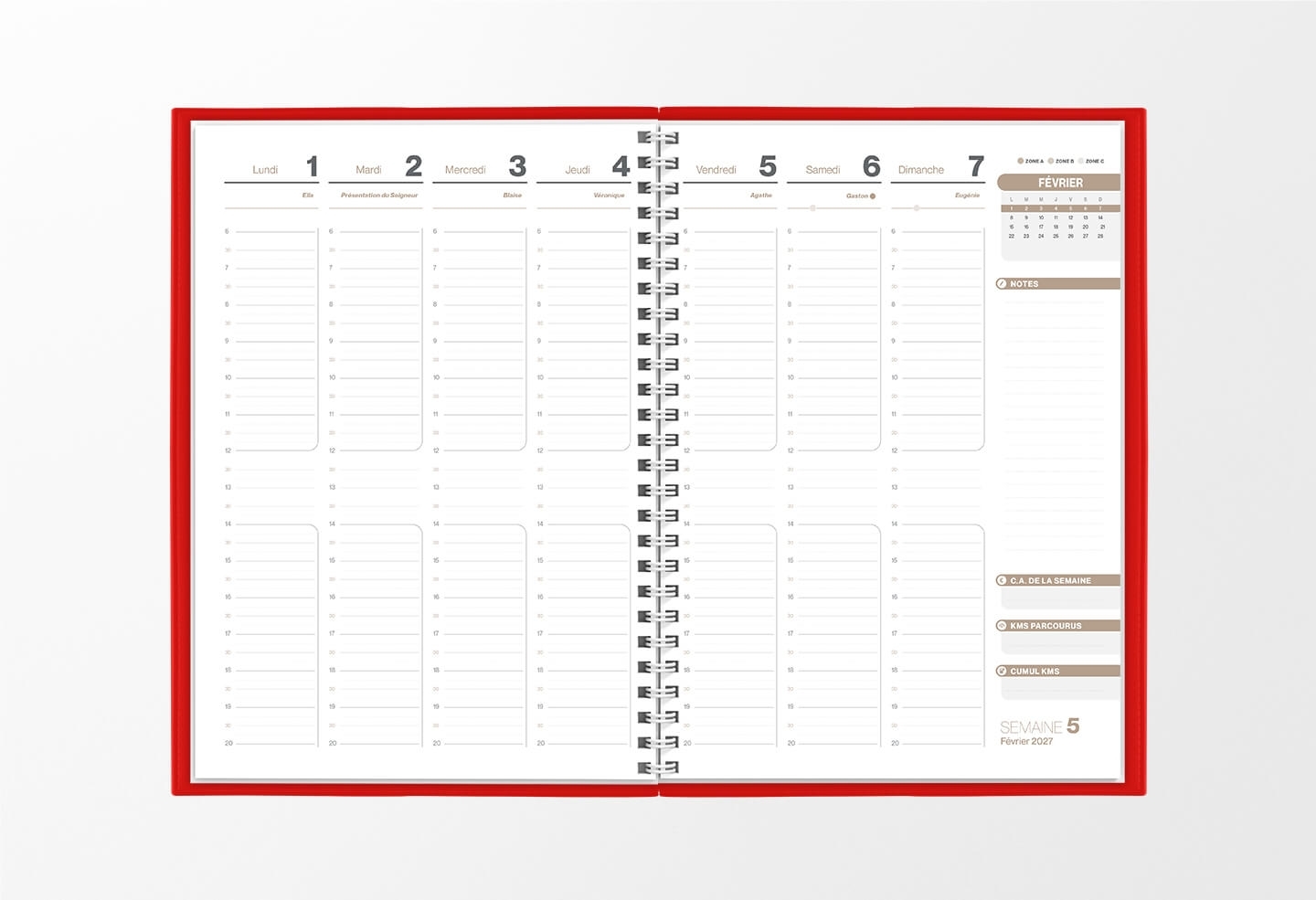 Pages intérieures agenda semainier infirmière rouge cardinal 1 semaine sur 2 pages — grille horaire IDEL