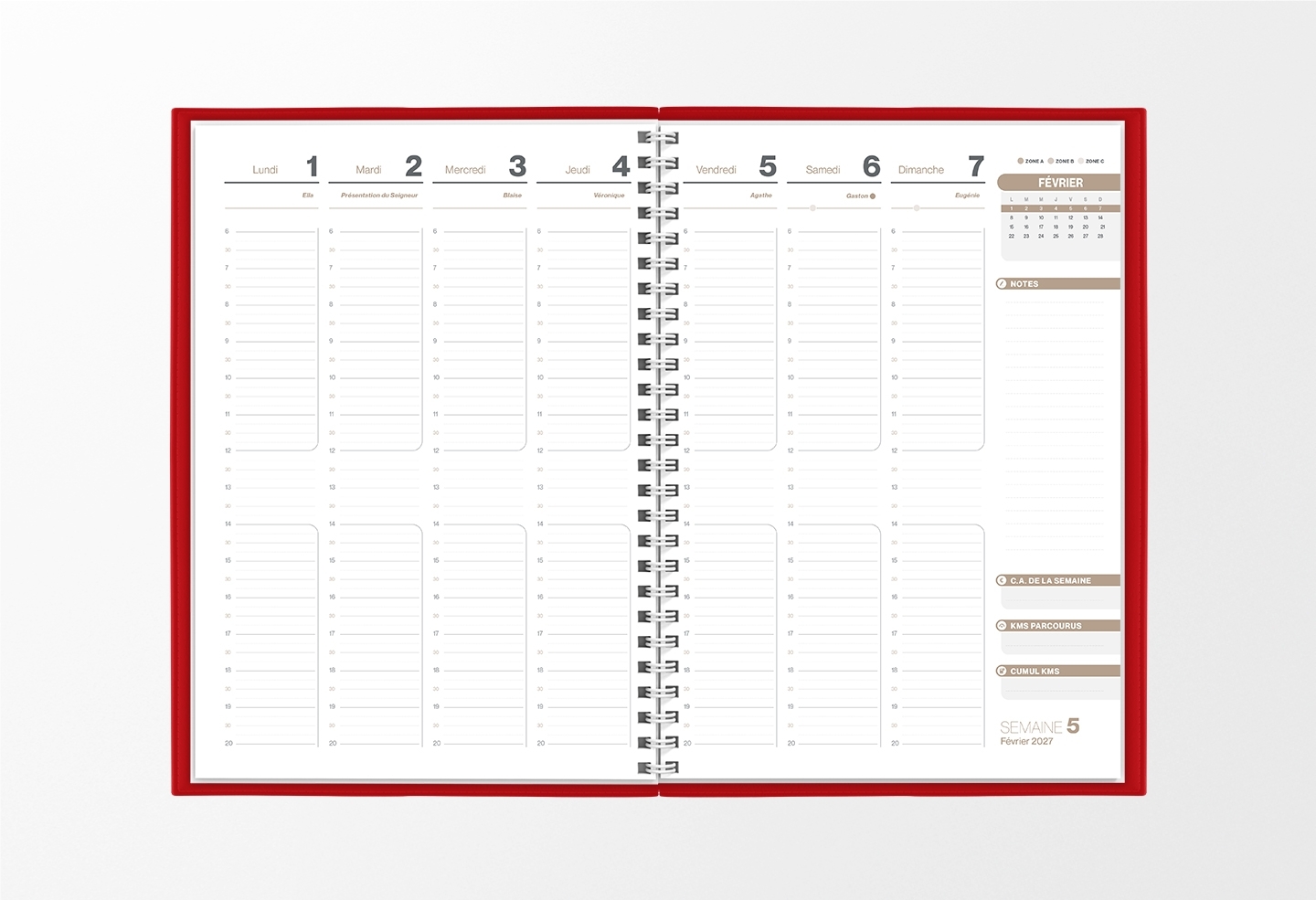 Pages intérieures agenda semainier infirmière rouge marbré 1 semaine sur 2 pages — grille horaire IDEL