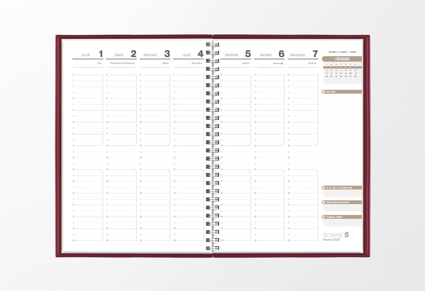 Pages intérieures agenda semainier infirmière rouge bordeaux 1 semaine sur 2 pages — grille horaire IDEL