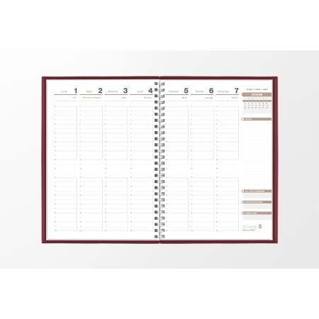 Pages intérieures agenda semainier infirmière rouge bordeaux 1 semaine sur 2 pages — grille horaire IDEL