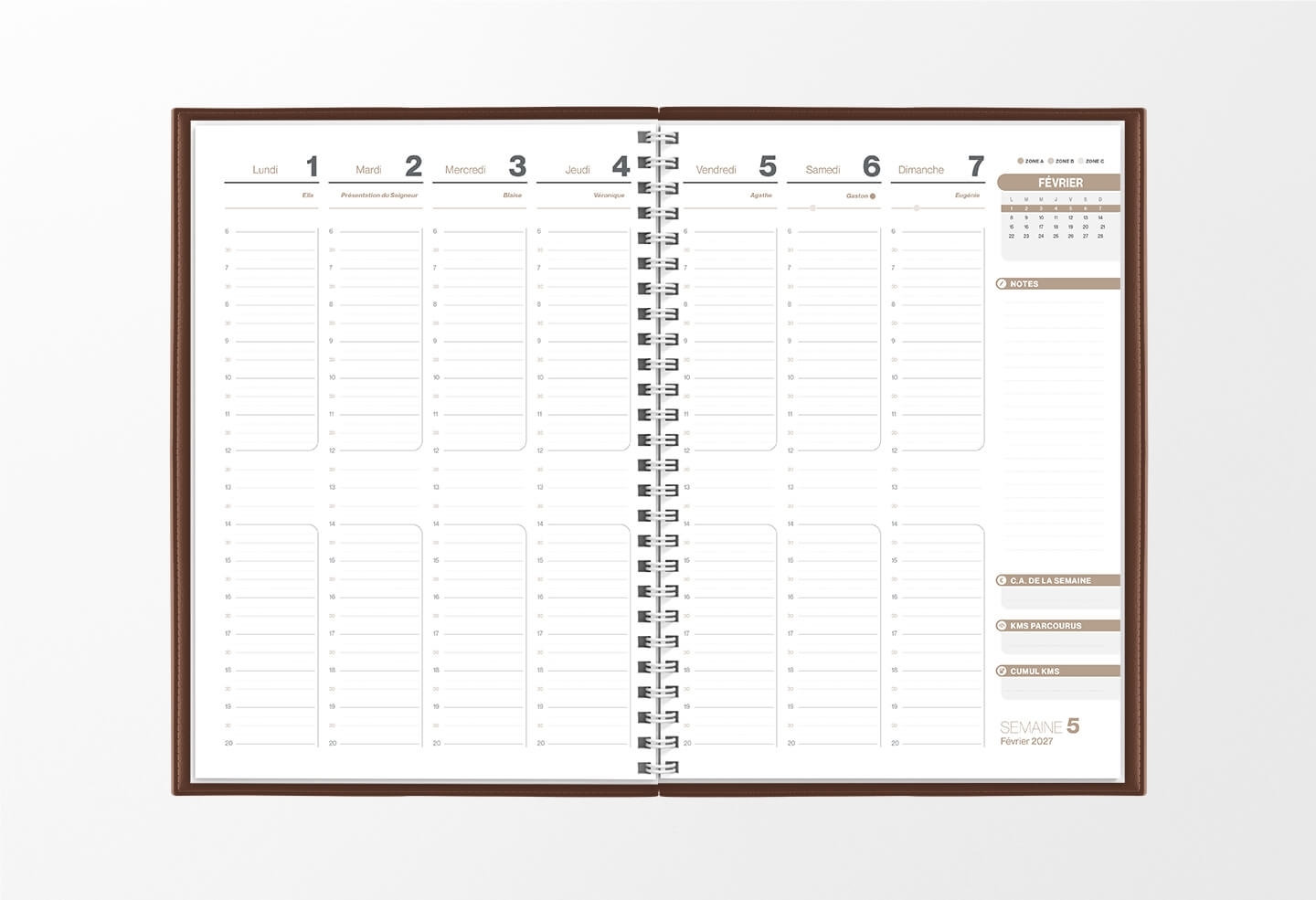 Pages intérieures agenda semainier infirmière chocolat 1 semaine sur 2 pages — grille horaire IDEL