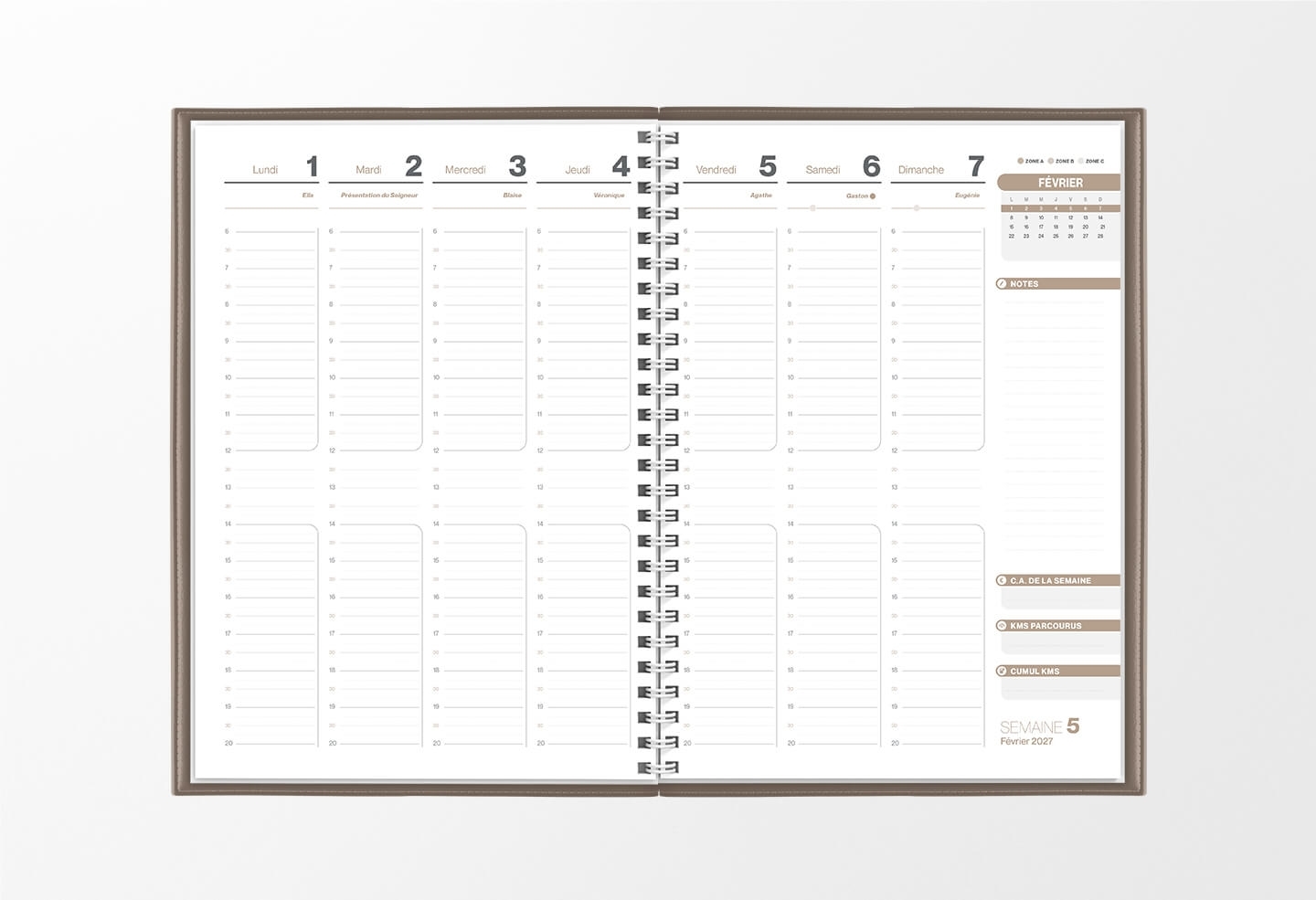 Pages intérieures agenda semainier infirmière marron taupe 1 semaine sur 2 pages — grille horaire IDEL