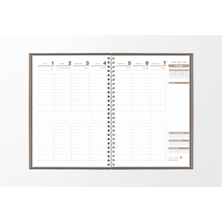 Pages intérieures agenda semainier infirmière marron taupe 1 semaine sur 2 pages — grille horaire IDEL