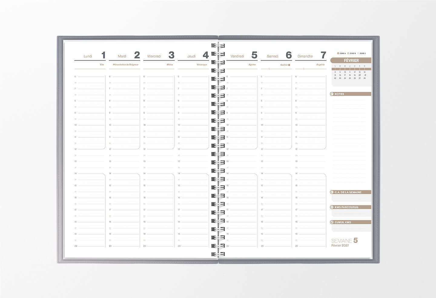 Pages intérieures agenda semainier infirmière argent 1 semaine sur 2 pages — grille horaire IDEL