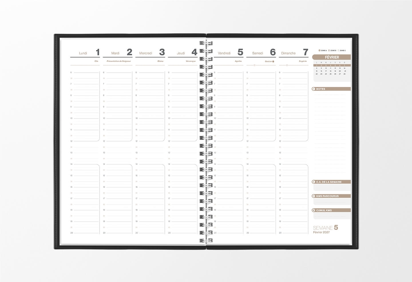 Pages intérieures agenda semainier infirmière noir 1 semaine sur 2 pages — grille horaire IDEL