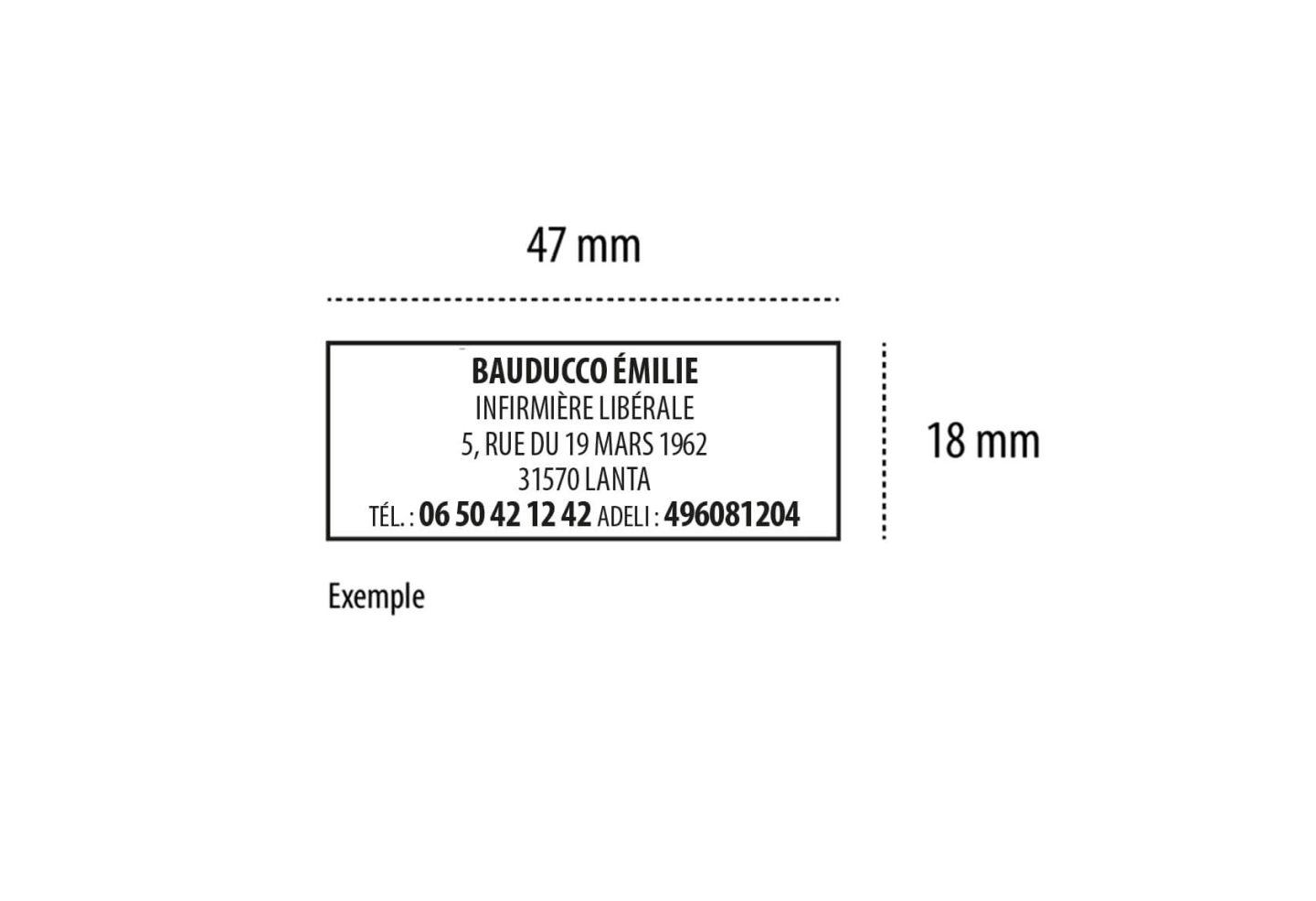 Exemple d'empreinte tampon infirmière libérale – 5 lignes personnalisables nom adresse ADELI, dimensions 47x18 mm