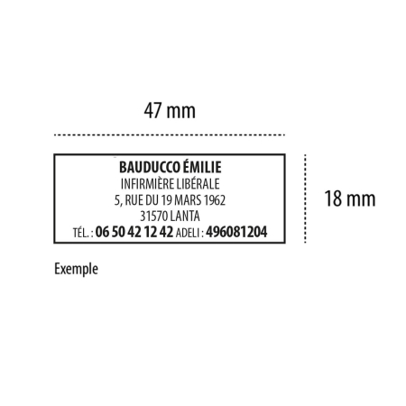 Exemple d'empreinte tampon infirmière libérale – 5 lignes personnalisables nom adresse ADELI, dimensions 47x18 mm