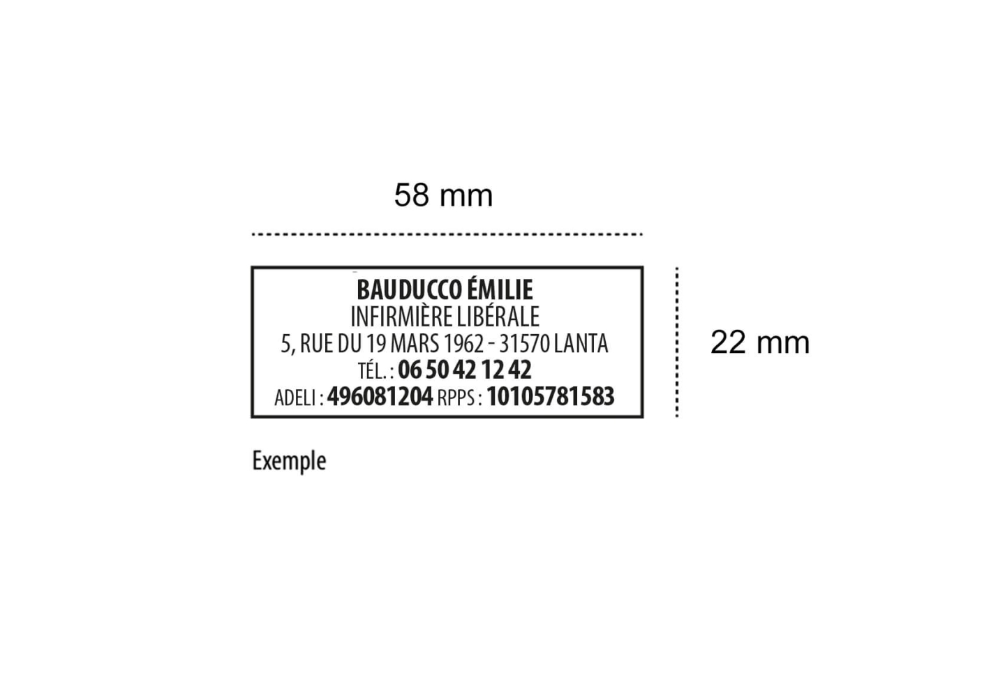 Exemple d'empreinte tampon infirmière libérale – 5 lignes personnalisables nom adresse ADELI, dimensions 58x22 mm