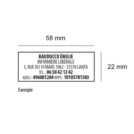 Exemple d'empreinte tampon infirmière libérale – 5 lignes personnalisables nom adresse ADELI, dimensions 58x22 mm