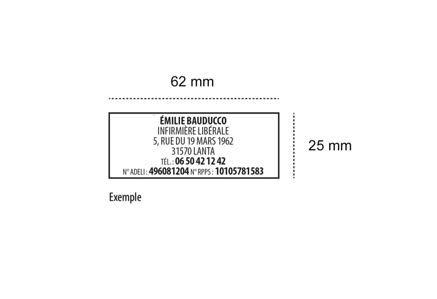 Exemple empreinte tampon infirmière libérale Original Printy – 6 lignes personnalisables, dimensions 62x25 mm