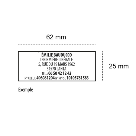 Exemple empreinte tampon infirmière libérale Original Printy – 6 lignes personnalisables, dimensions 62x25 mm