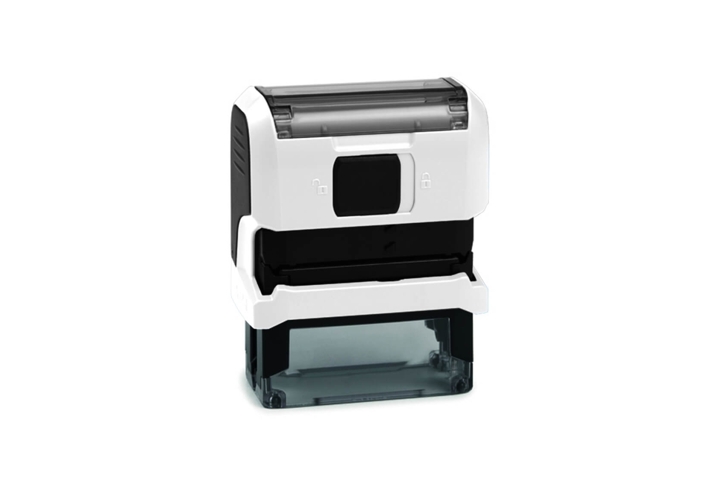 Tampon de bureau Original Printy – vue arrière avec mécanisme d'encrage, pad remplaçable, base anti-dérapante – coloris blanc