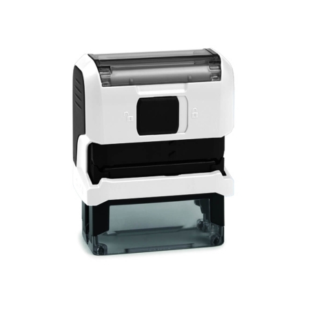 Tampon de bureau Original Printy – vue arrière avec mécanisme d'encrage, pad remplaçable, base anti-dérapante – coloris blanc