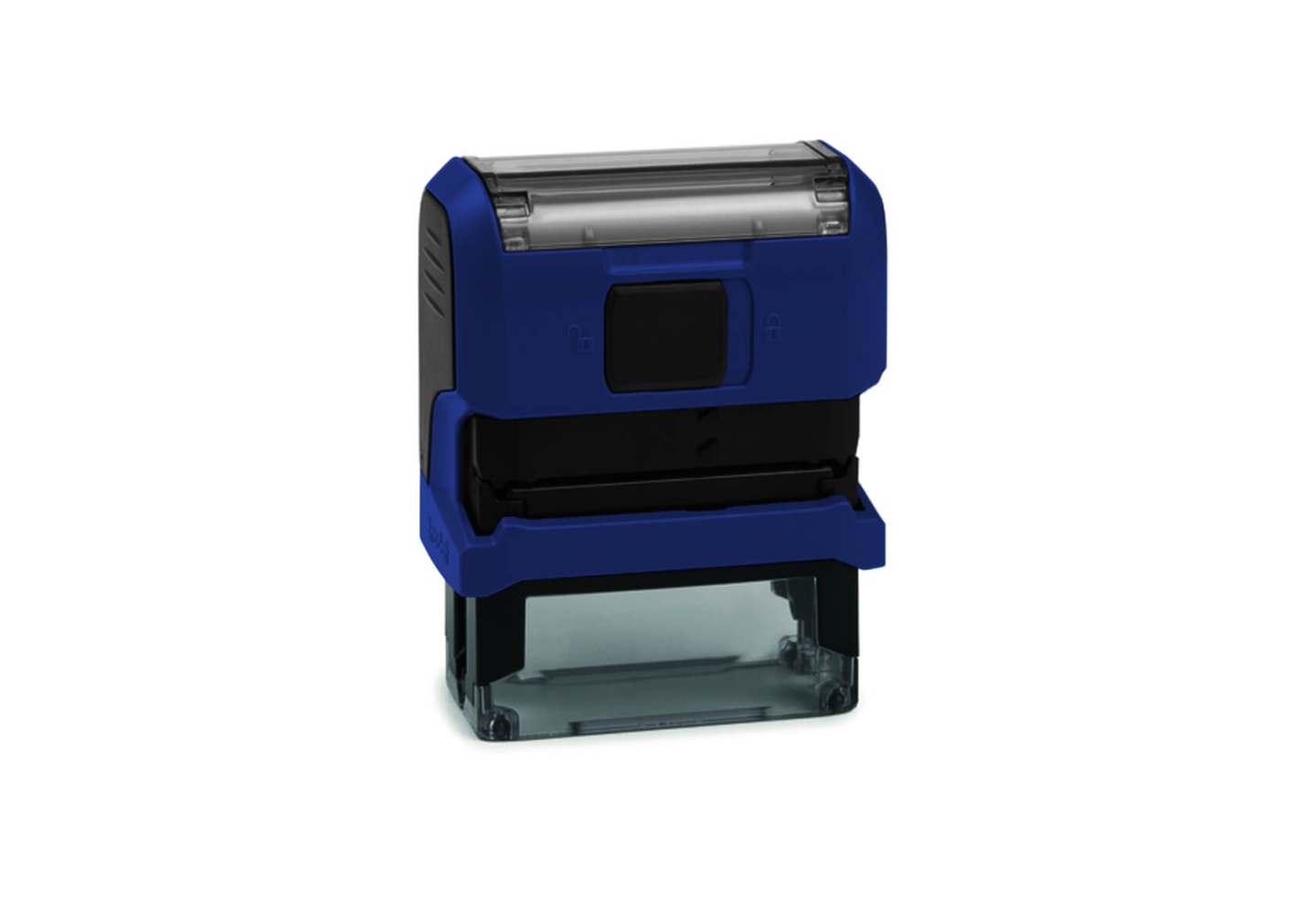 Tampon de bureau Original Printy – vue arrière avec mécanisme d'encrage, pad remplaçable, base anti-dérapante – coloris bleu