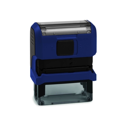 Tampon de bureau Original Printy – vue arrière avec mécanisme d'encrage, pad remplaçable, base anti-dérapante – coloris bleu