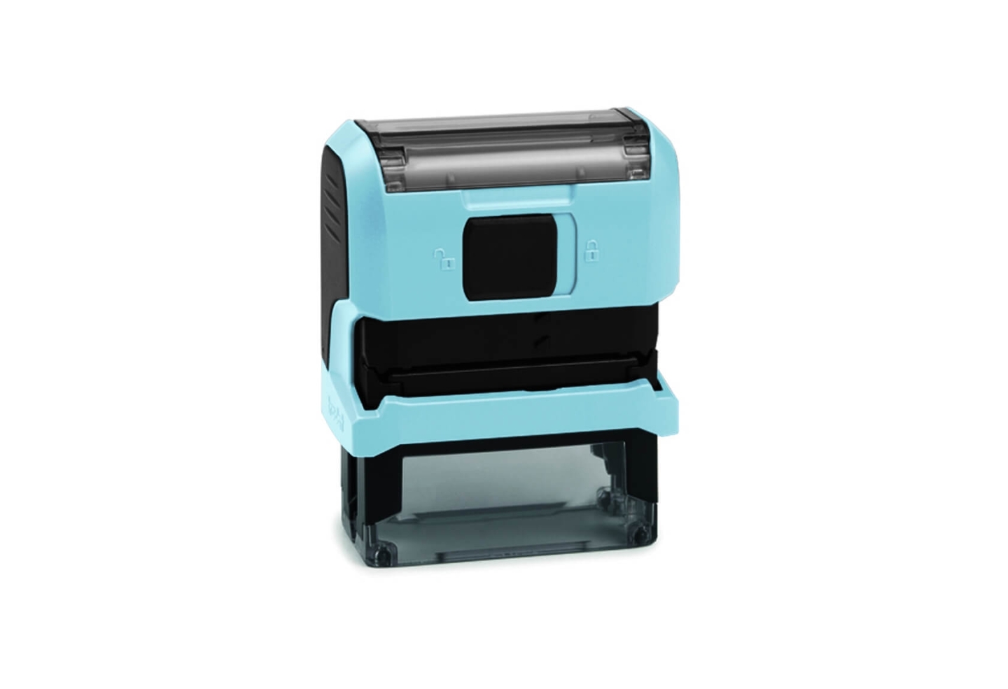 Tampon de bureau Original Printy – vue arrière avec mécanisme d'encrage, pad remplaçable, anti-dérapant – coloris bleu pastel