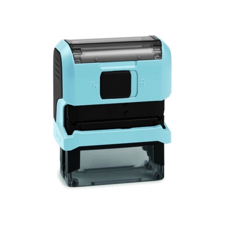 Tampon de bureau Original Printy – vue arrière avec mécanisme d'encrage, pad remplaçable, anti-dérapant – coloris bleu pastel