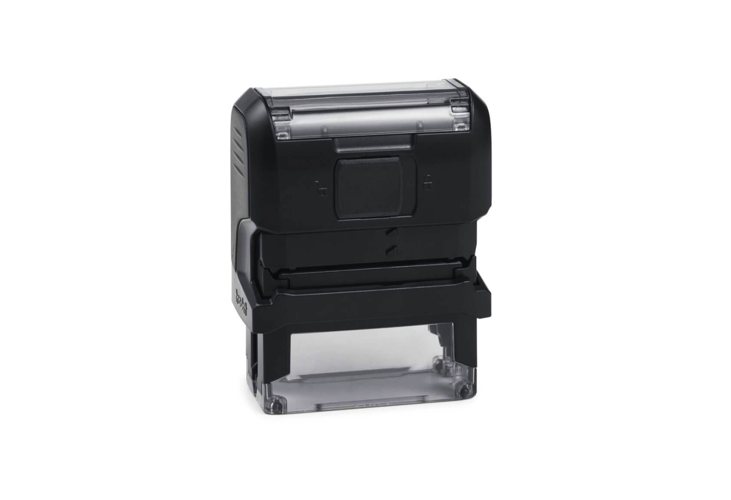 Tampon de bureau Original Printy – vue arrière avec mécanisme d'encrage, pad remplaçable, base anti-dérapante – coloris noir