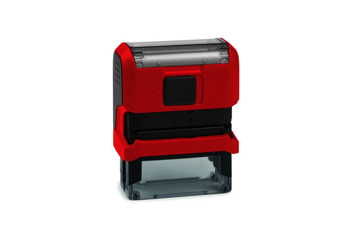 Tampon de bureau Original Printy – vue arrière avec mécanisme d'encrage, pad remplaçable, base anti-dérapante – coloris rouge