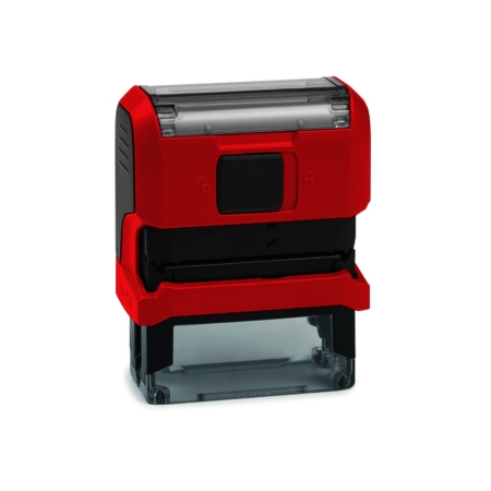 Tampon de bureau Original Printy – vue arrière avec mécanisme d'encrage, pad remplaçable, base anti-dérapante – coloris rouge