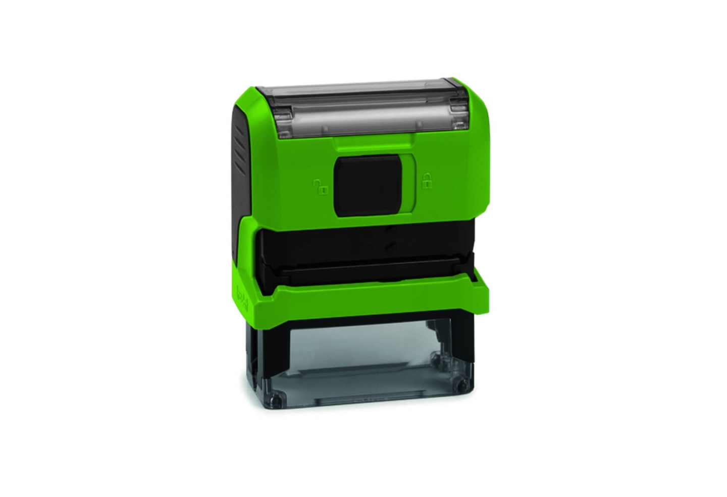 Tampon de bureau Original Printy – vue arrière avec mécanisme d'encrage, pad remplaçable, base anti-dérapante – coloris vert