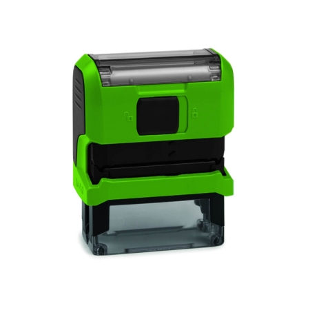 Tampon de bureau Original Printy – vue arrière avec mécanisme d'encrage, pad remplaçable, base anti-dérapante – coloris vert