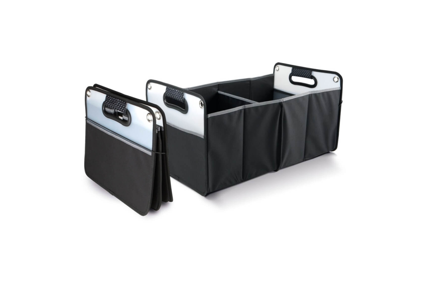 Sac de rangement pour coffre de voiture pliable noir, présenté déplié avec trois compartiments et en position repliée à plat
