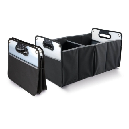Sac de rangement pour coffre de voiture pliable noir, présenté déplié avec trois compartiments et en position repliée à plat