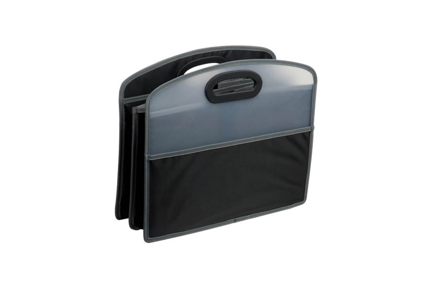 Sac de rangement pour coffre de voiture replié en position transport, vue de face, avec poignée rigide et poche extérieure