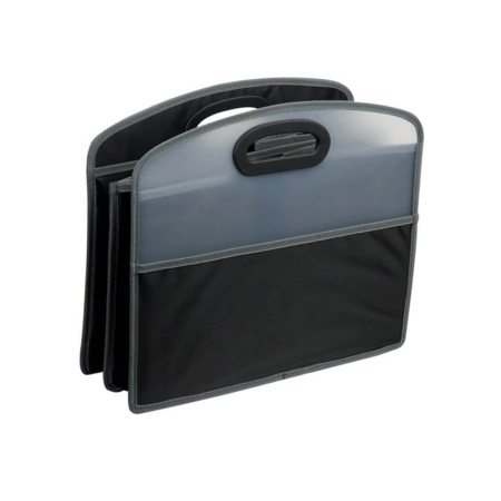 Sac de rangement pour coffre de voiture replié en position transport, vue de face, avec poignée rigide et poche extérieure
