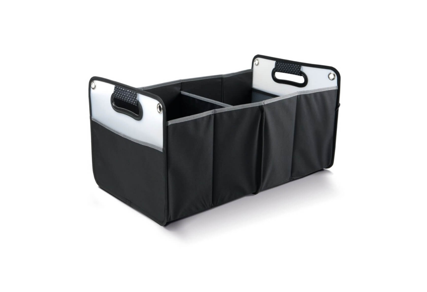 Sac de rangement pour coffre de voiture déplié avec trois compartiments séparés, poignées latérales et structure rigide