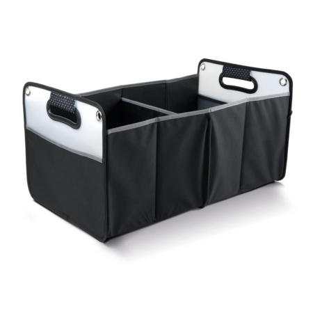 Sac de rangement pour coffre de voiture déplié avec trois compartiments séparés, poignées latérales et structure rigide