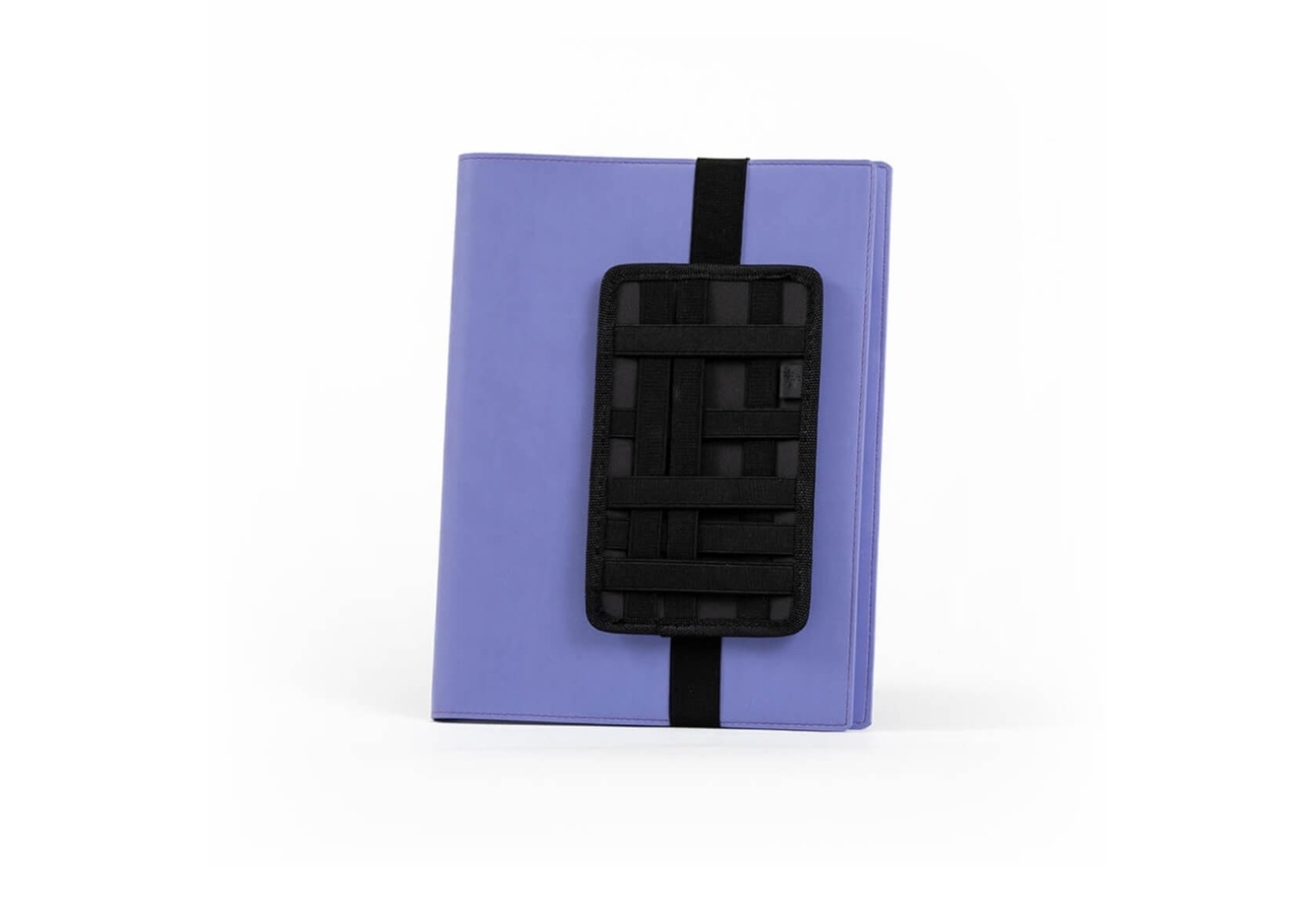 Organiseur agenda infirmière fixé par sangle élastique noire sur couverture simili cuir violet — vue vide