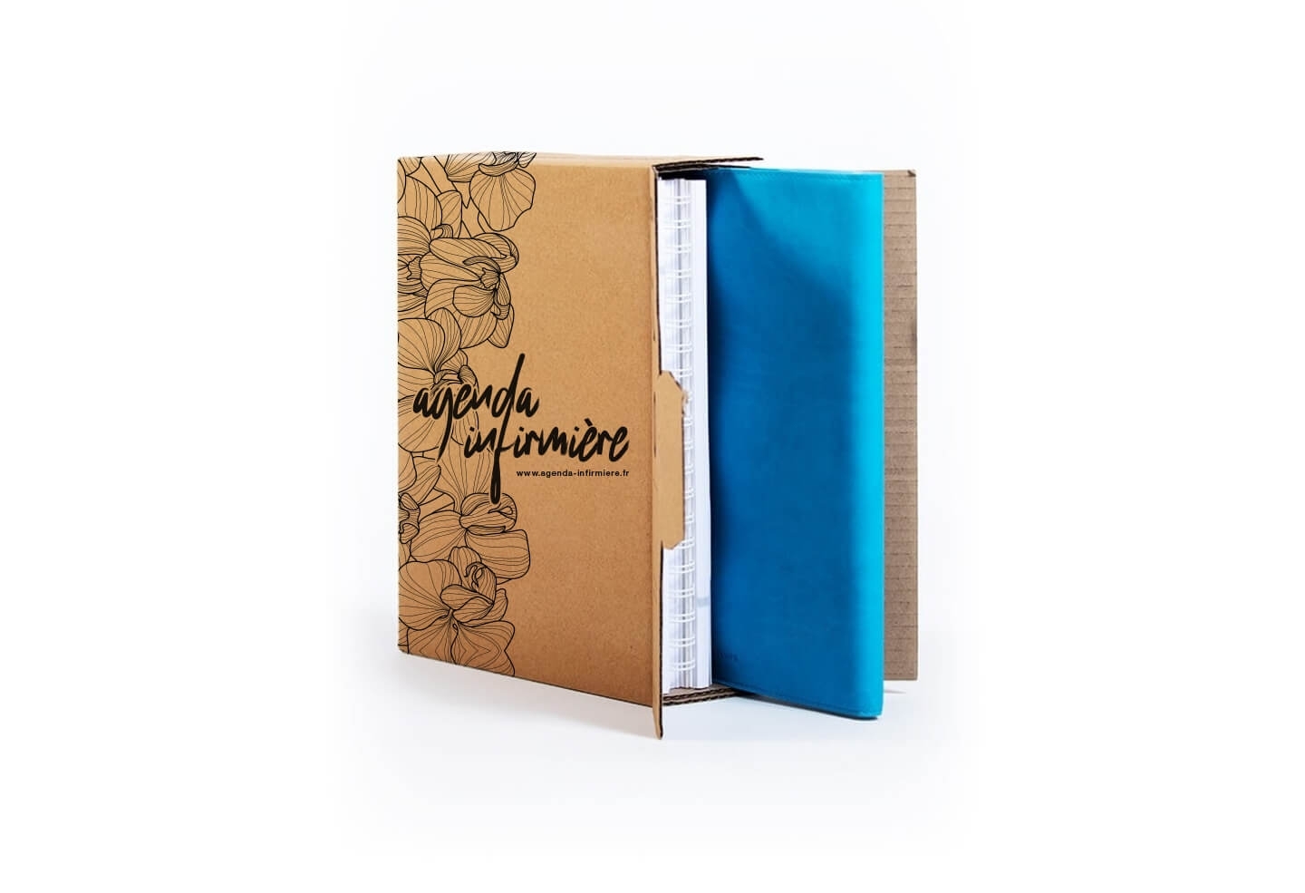 Boîte d'archivage agenda infirmière ouverte contenant un agenda journalier couverture bleu