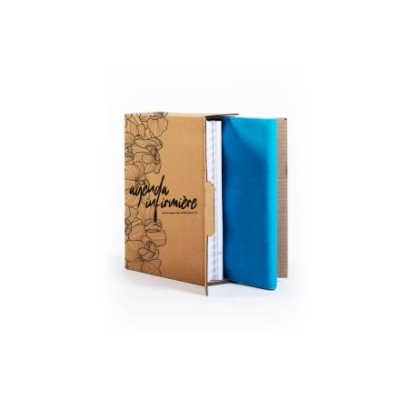 Boîte d'archivage agenda infirmière ouverte contenant un agenda journalier couverture bleu
