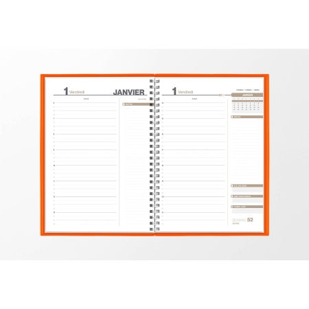 Pages intérieures agenda journalier infirmière orange 1 jour sur 2 pages — grille horaire IDEL