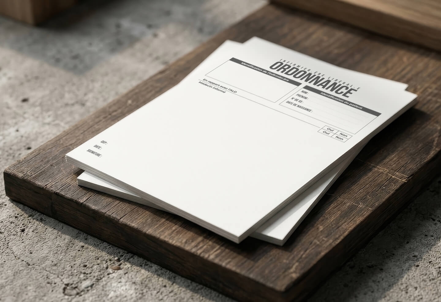 Feuillet d'ordonnance infirmier avec cases identification prescripteur et patient