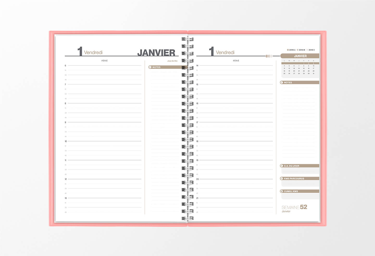 Pages int&eacute;rieures agenda journalier infirmi&egrave;re lib&eacute;rale &mdash; grille 1 jour sur 2 pages