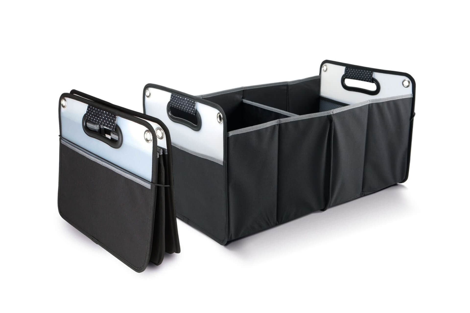 Sac de rangement pour coffre de voiture pliable noir, pr&eacute;sent&eacute; d&eacute;pli&eacute; avec trois compartiments et en position repli&eacute;e &agrave; plat