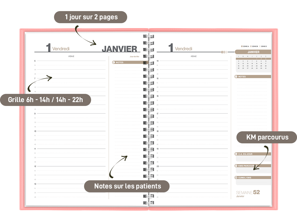 Agenda journalier pour les infirmi&egrave;res lib&eacute;rales - Une grille sp&eacute;cifique 1 jour sur 2 pages