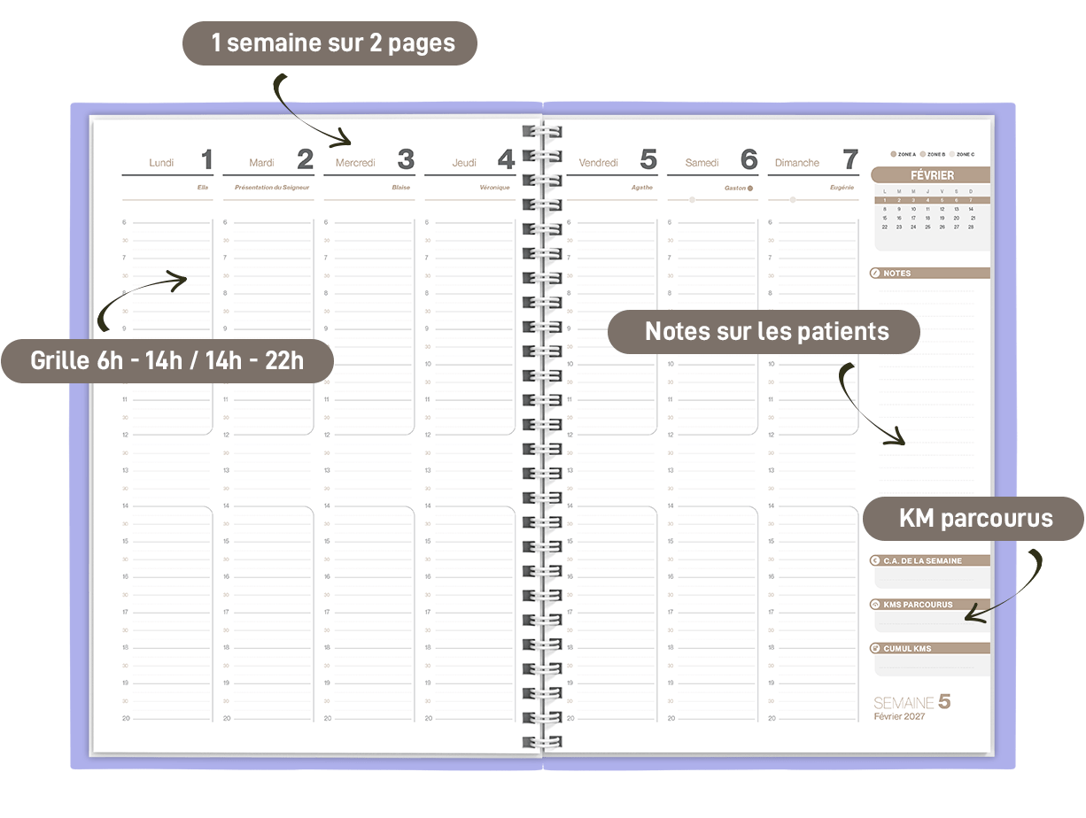 Agenda semainier pour les infirmi&egrave;res lib&eacute;rales - Une grille sp&eacute;cifique 1 semaine sur 2 pages